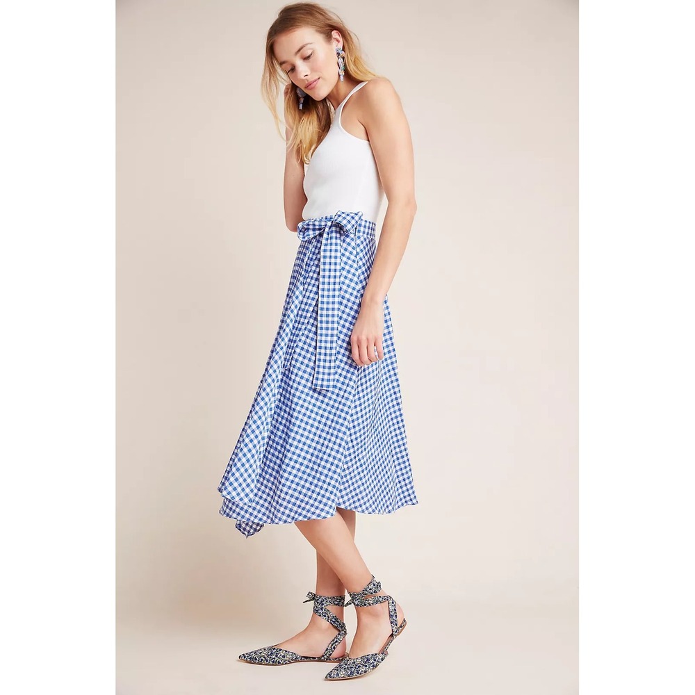Maeve by Anthropologie Blue Gingham Wrap‎ Midi Skirt Size 2 Tie Waist
